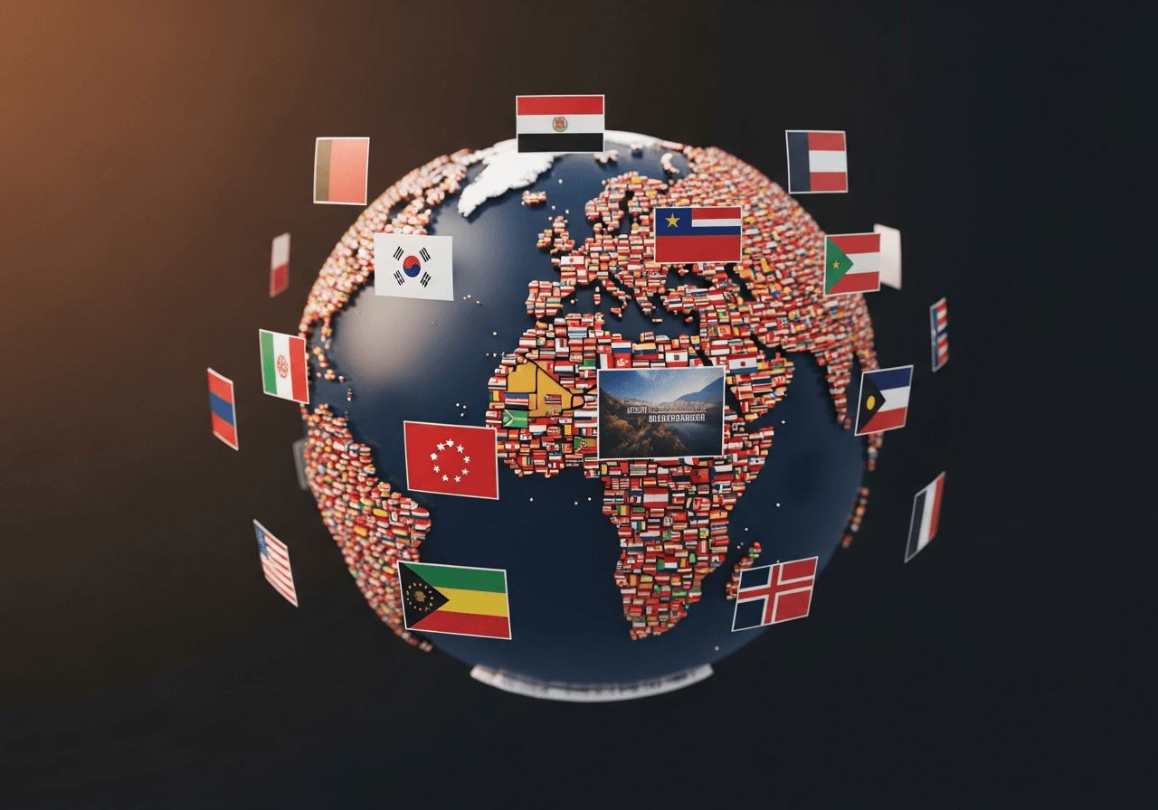 Globe illustration showing thumbnails generated in multiple languages