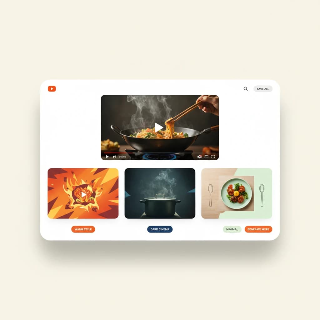 Hooksnap AI thumbnail generation interface showing multiple style variants for a cooking video