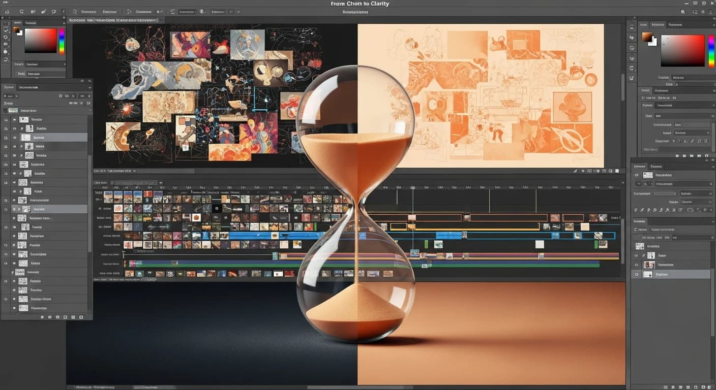 Complex video editing timeline illustrating the time-consuming manual thumbnail creation process