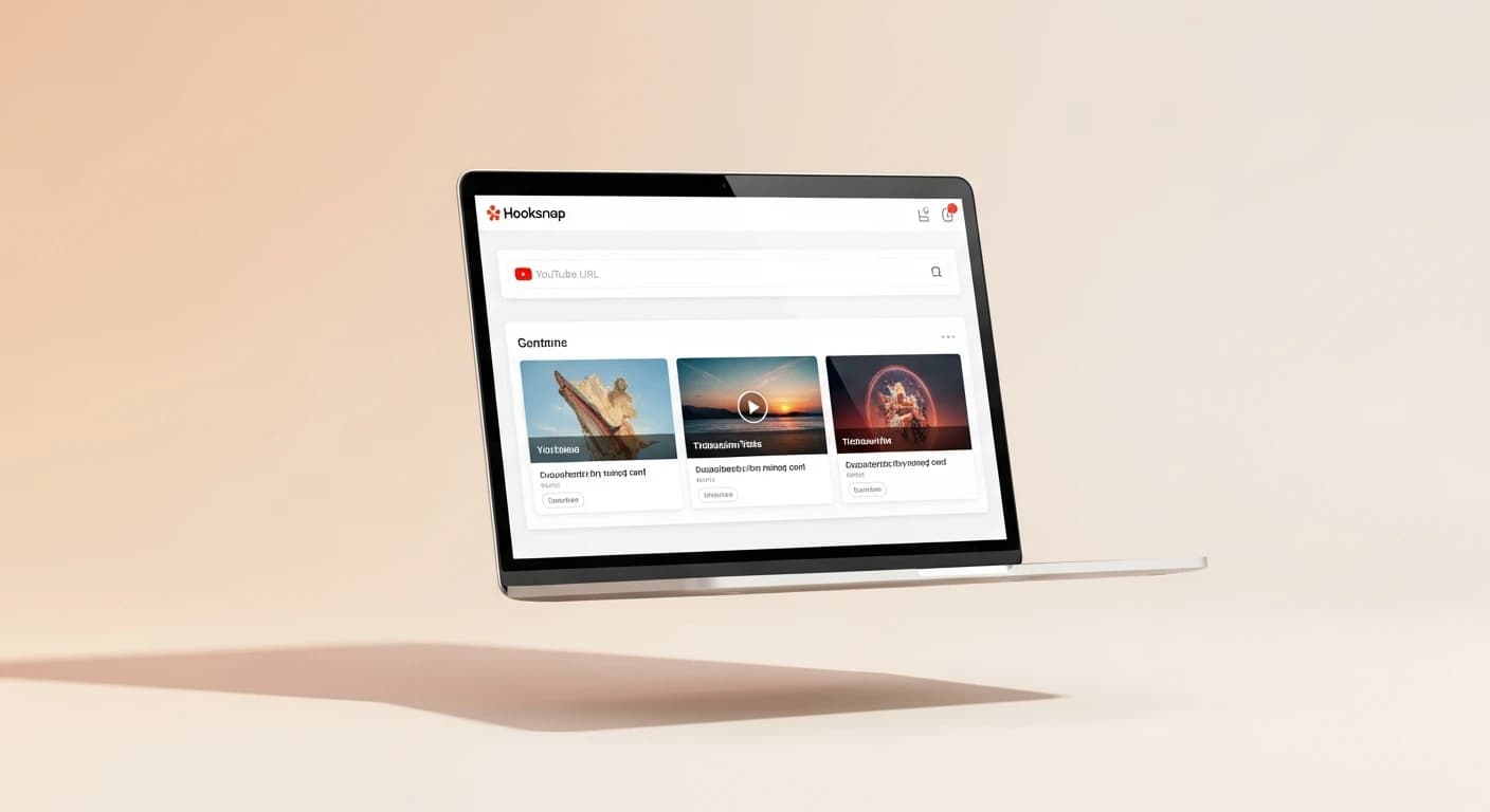 Hooksnap dashboard on a laptop showing AI-generated thumbnail projects