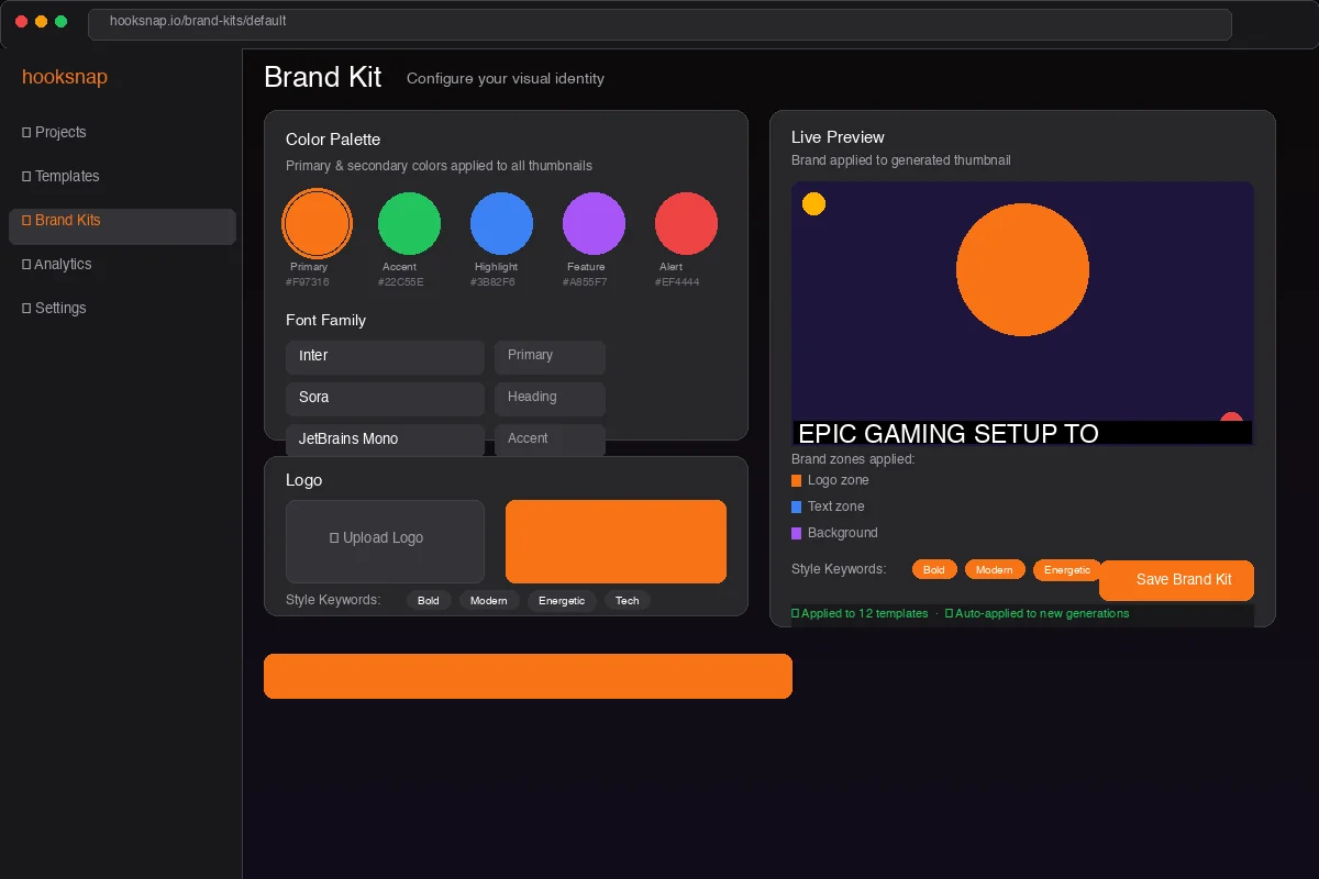 Brand consistency system showing color palette, font selection, and template application across YouTube channels